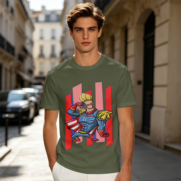 Olive T-Shirt With Cartoon Superhero Character Graphic Print