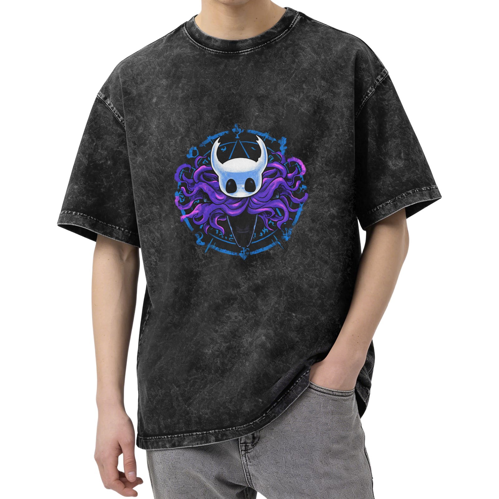 Oversized Dark Wash T-Shirt With Hollow Knight Tentacle Graphic Print