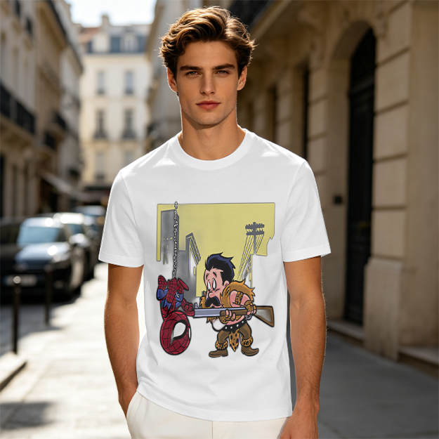 Olive T-shirt with Spider-Man and Hunter Cartoon Print