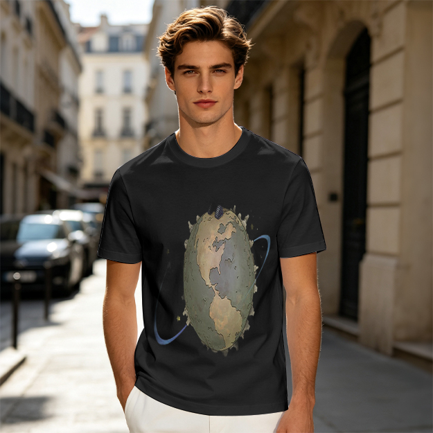 Olive Green T-Shirt With Distorted Earth Graphic Print