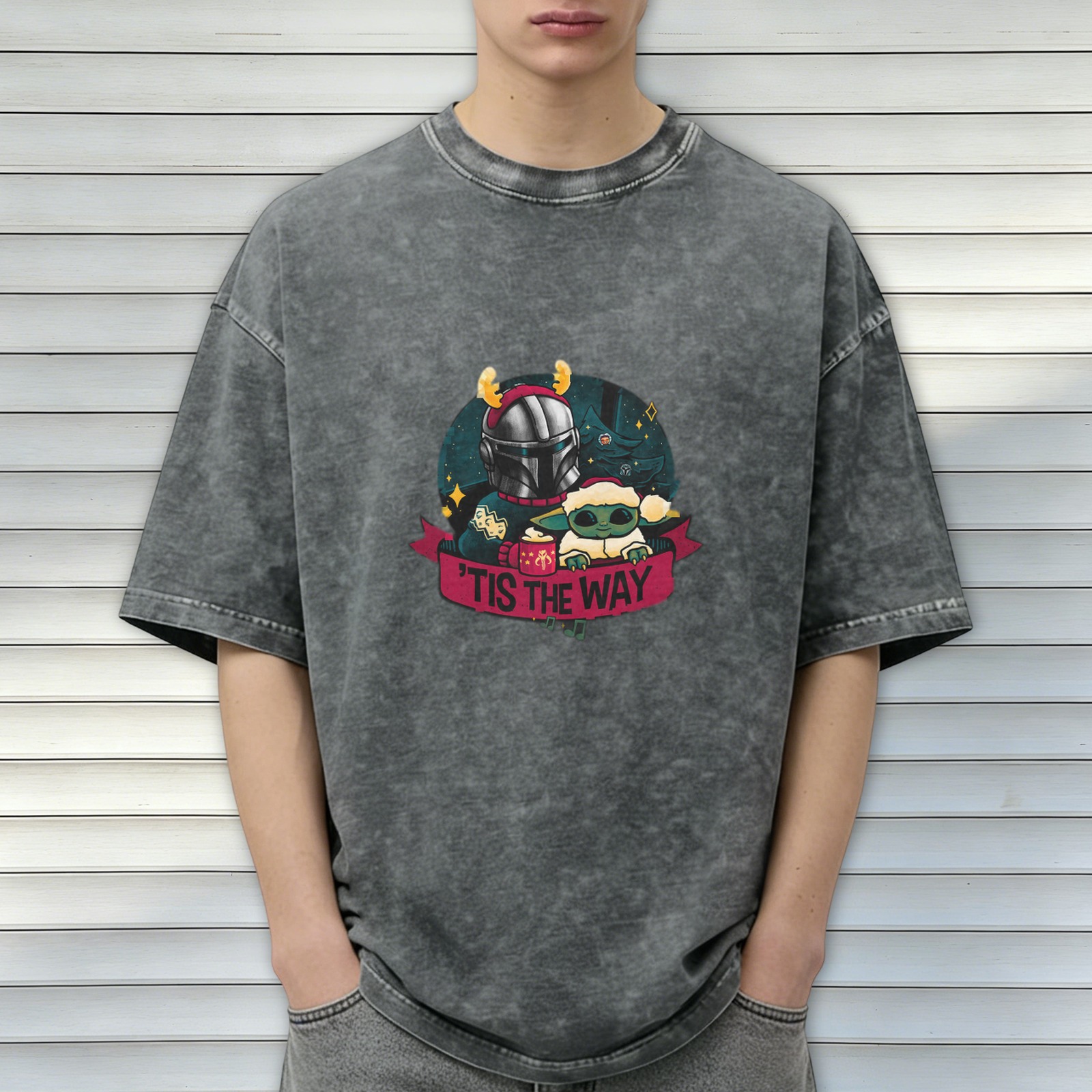 Star Wars Mandalorian & Grogu 'Tis The Way Christmas Graphic Oversized Stone Wash T-Shirt