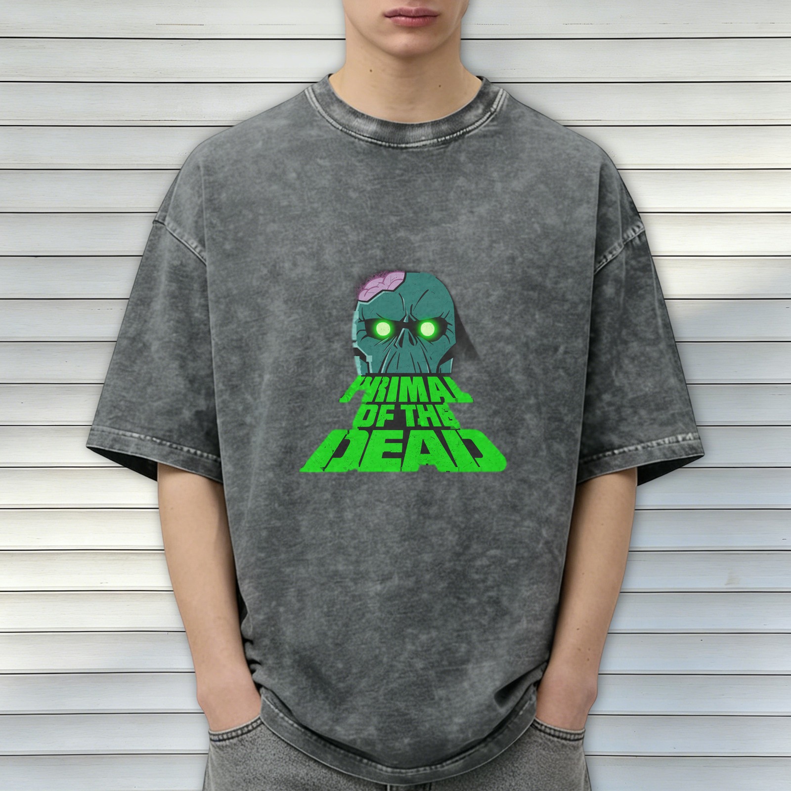 acid wash black t-shirt with primal of the dead zombie skull graphic
