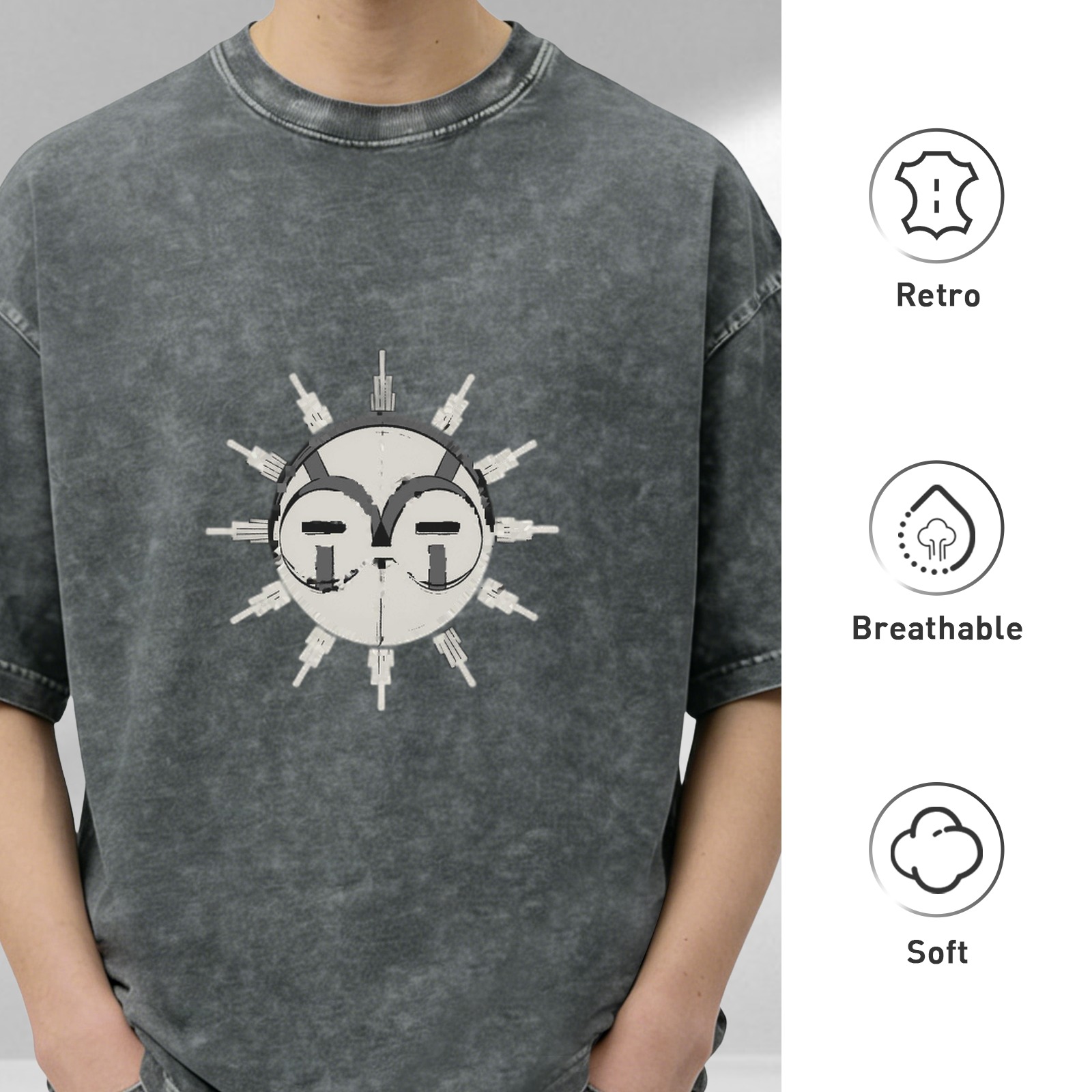 Distressed washed black sun print loose short-sleeved T-shirt