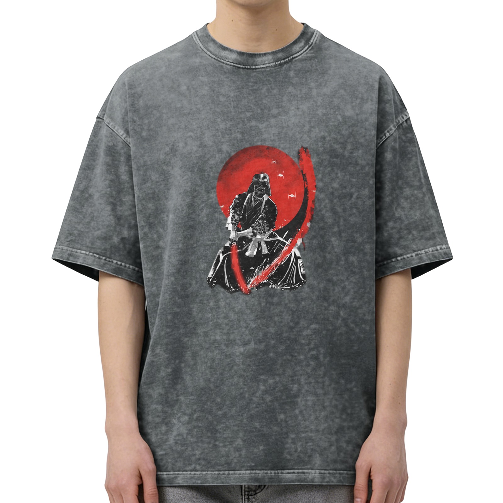 oversized acid wash t-shirt with samurai warrior red sun graphic