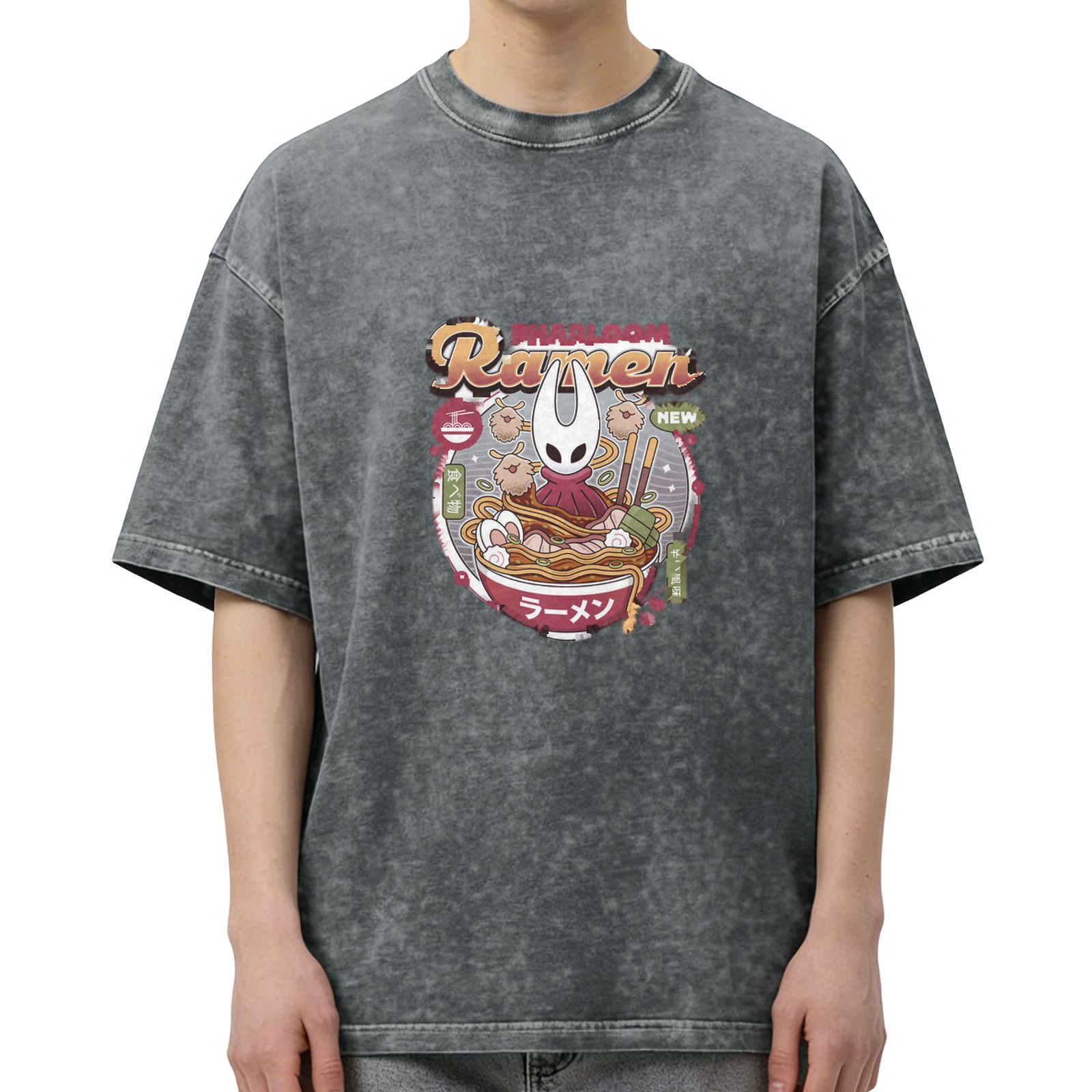 Oversized Acid Wash T-Shirt with Hollow Knight Ramen Graphic