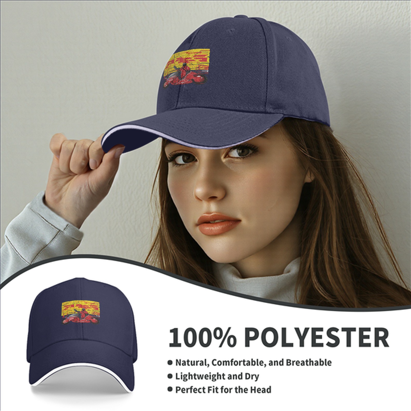 Black Baseball Cap with Anime Motorcycle Rider Graphic