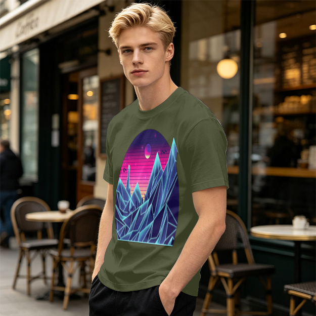 Olive T-Shirt With Synthwave Crystal Mountain Sunset Art