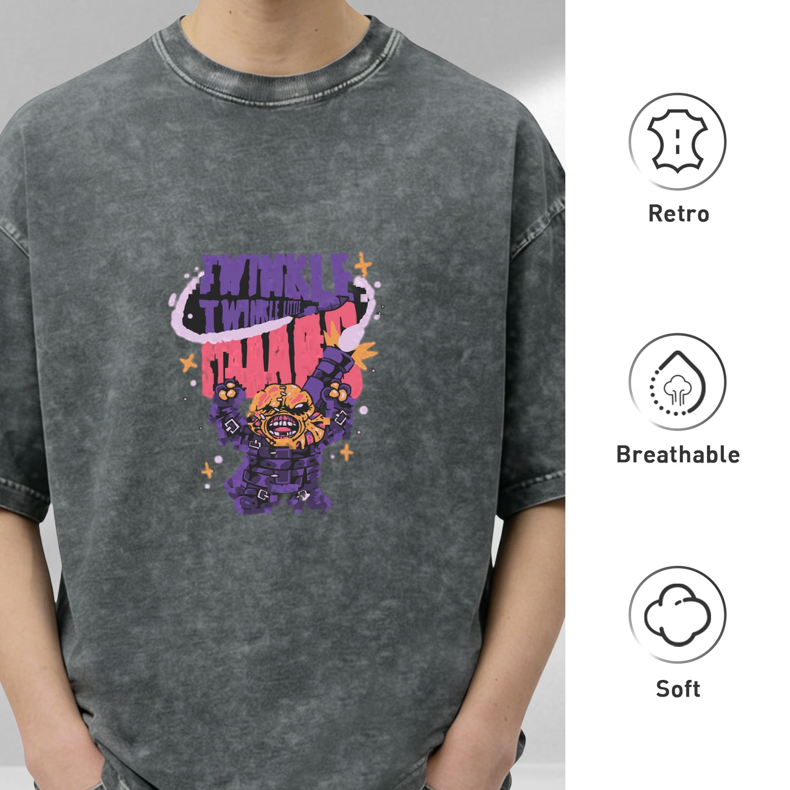 Washed black graphic t-shirt with Twinkle Twinkle Chaos monster print