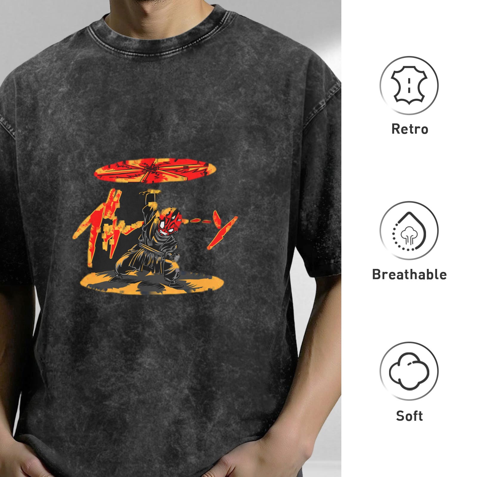Oversized Acid Wash T-Shirt With Ninja Warrior Graphic Print