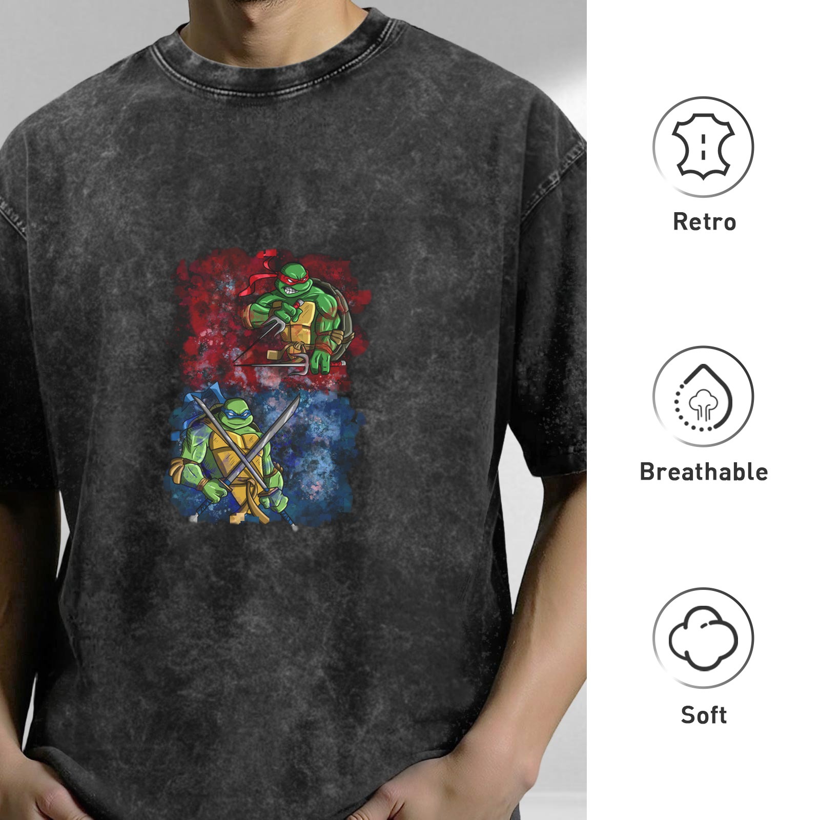 Washed Black Oversized T-Shirt with Teenage Mutant Ninja Turtles Graphic