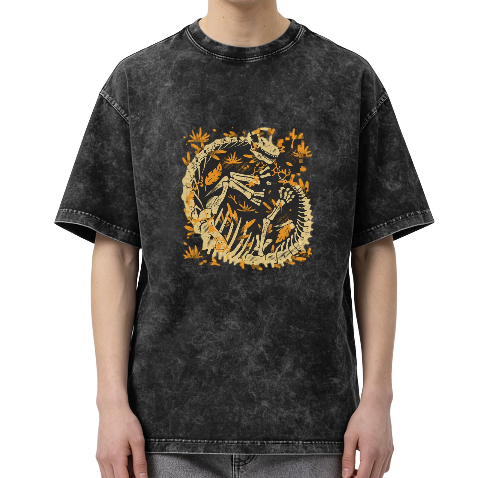Oversized Acid Wash T-Shirt with Dinosaur Skeleton Fossil Print