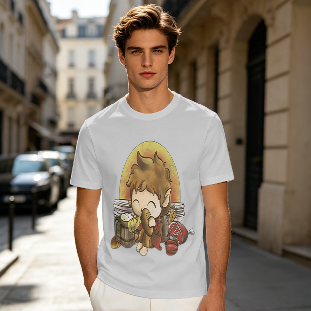 Chibi Hobbit Eating Bread Surrounded by Food T-Shirt