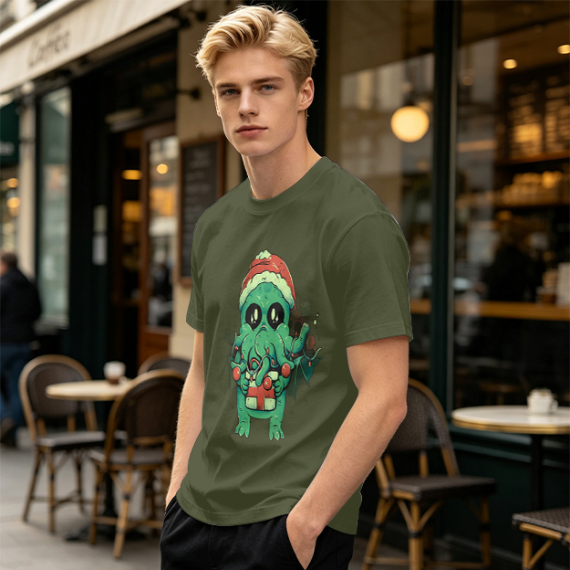 Olive Green T-Shirt With Cute Christmas Cthulhu Graphic