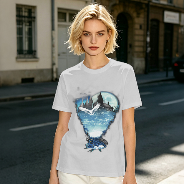 Olive T-Shirt With Magical Castle Owl Night Sky Graphic