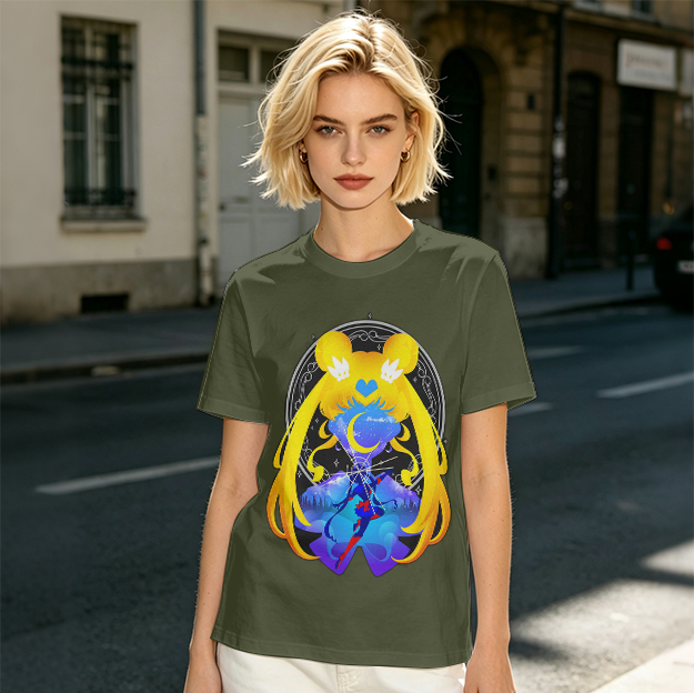 Olive T-Shirt with Sailor Moon Themed Graphic Print