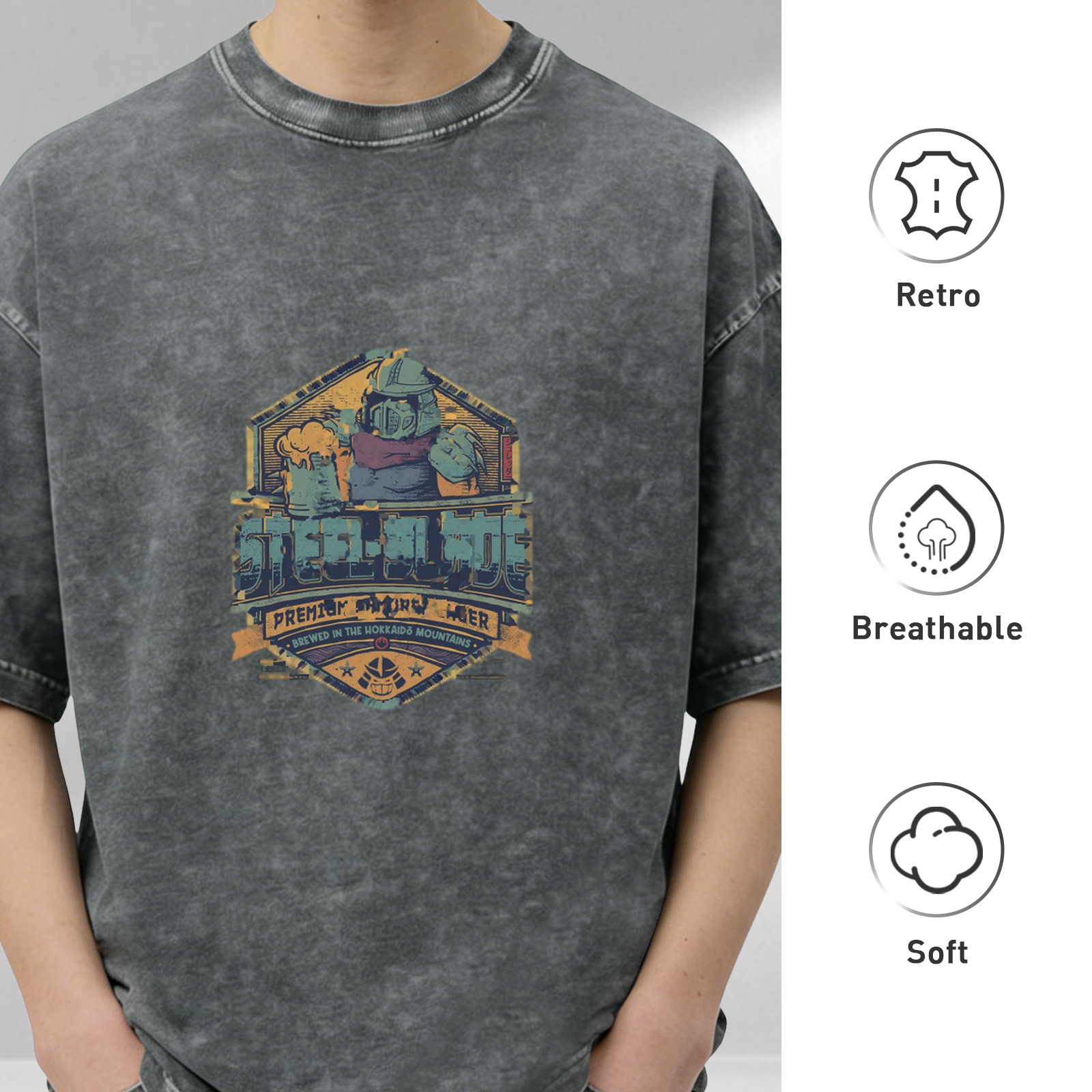 Vintage Stonewashed Black T-Shirt with Fantasy Beer Graphic Print