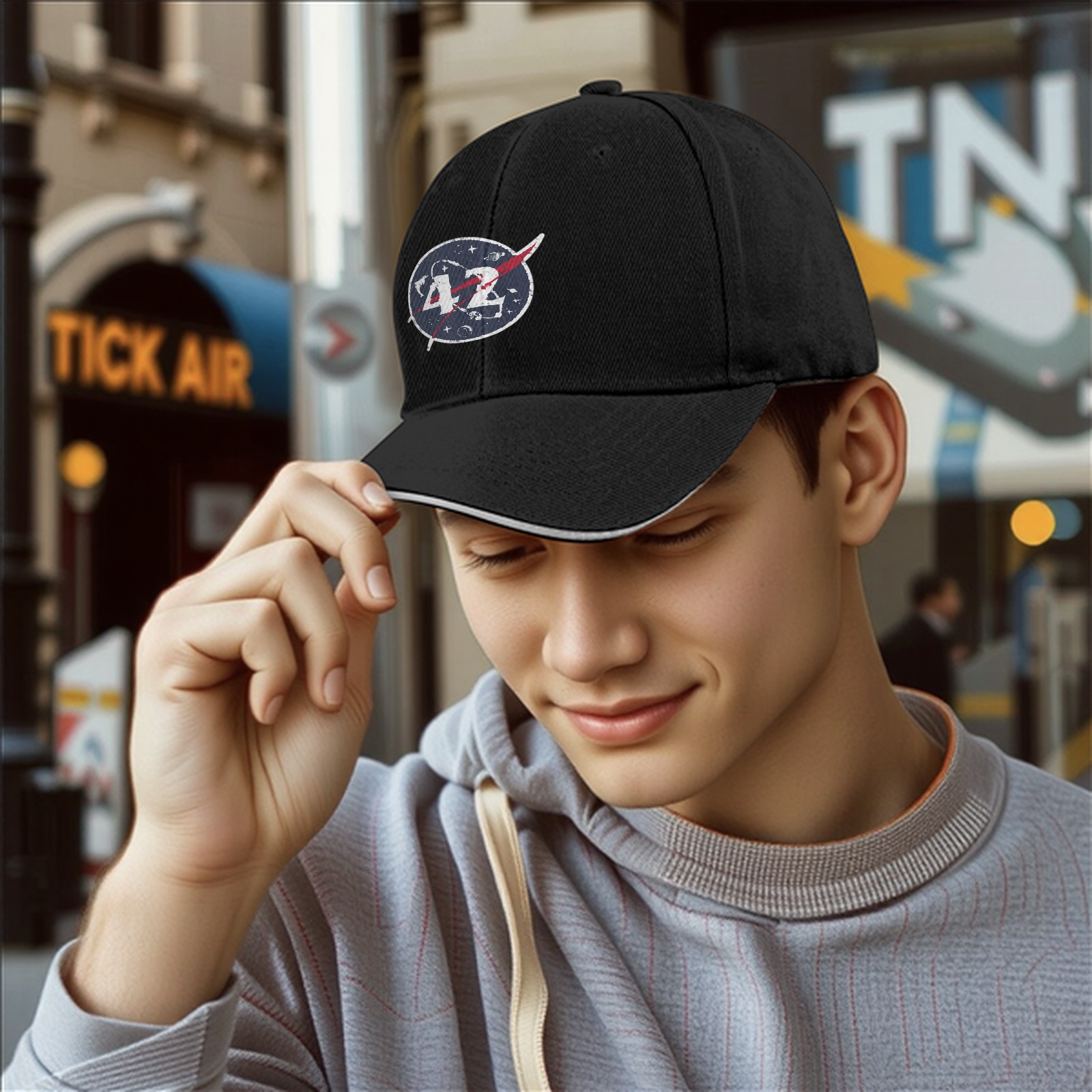 Black baseball cap with space themed number 42 logo