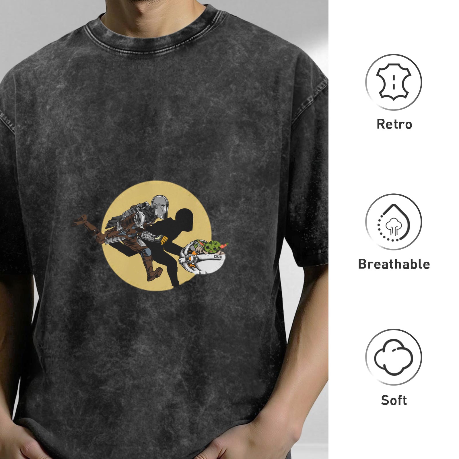 Washed black graphic t-shirt with Star Wars Mandalorian and Grogu design