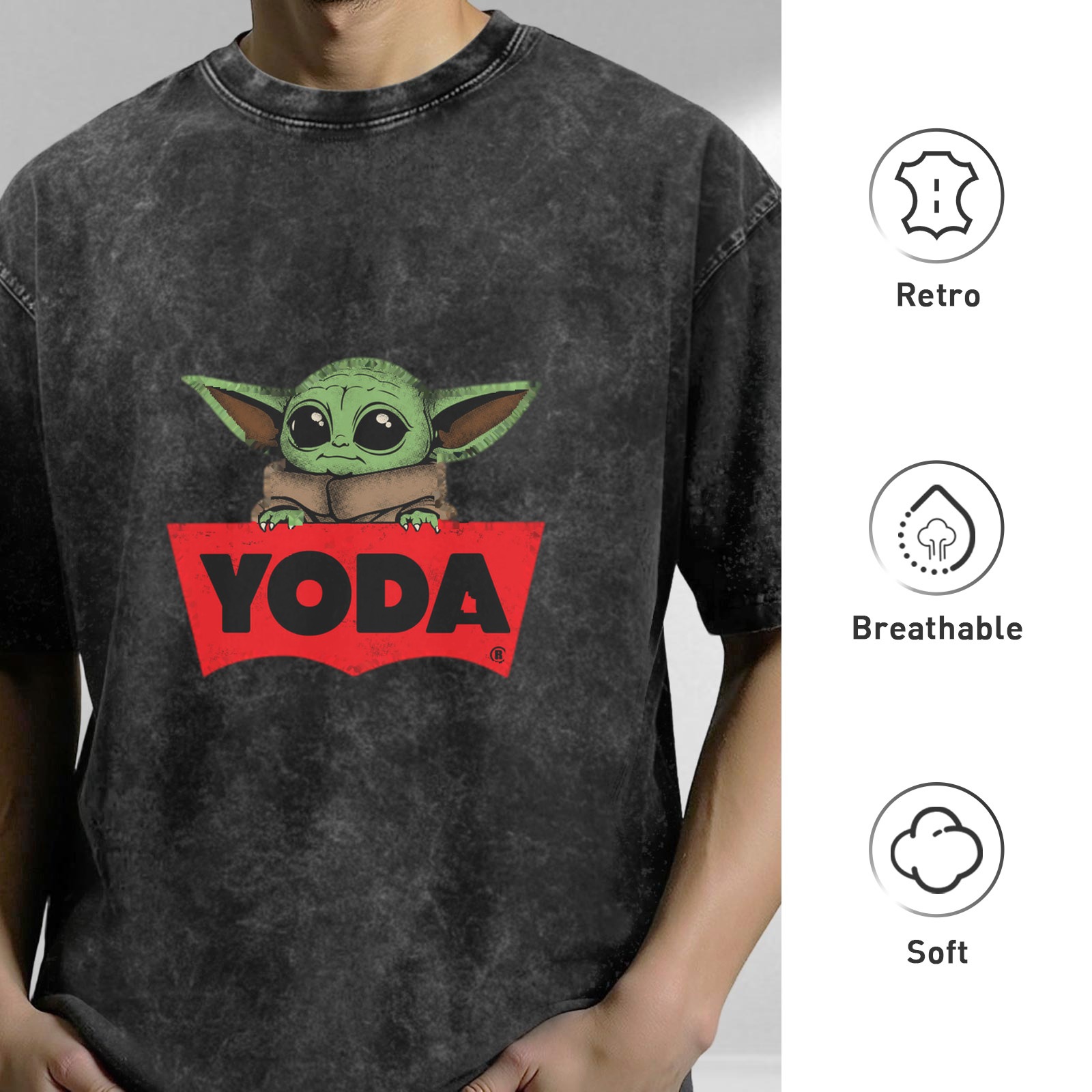 Baby Yoda Graphic Black Acid Wash Cotton T-Shirt