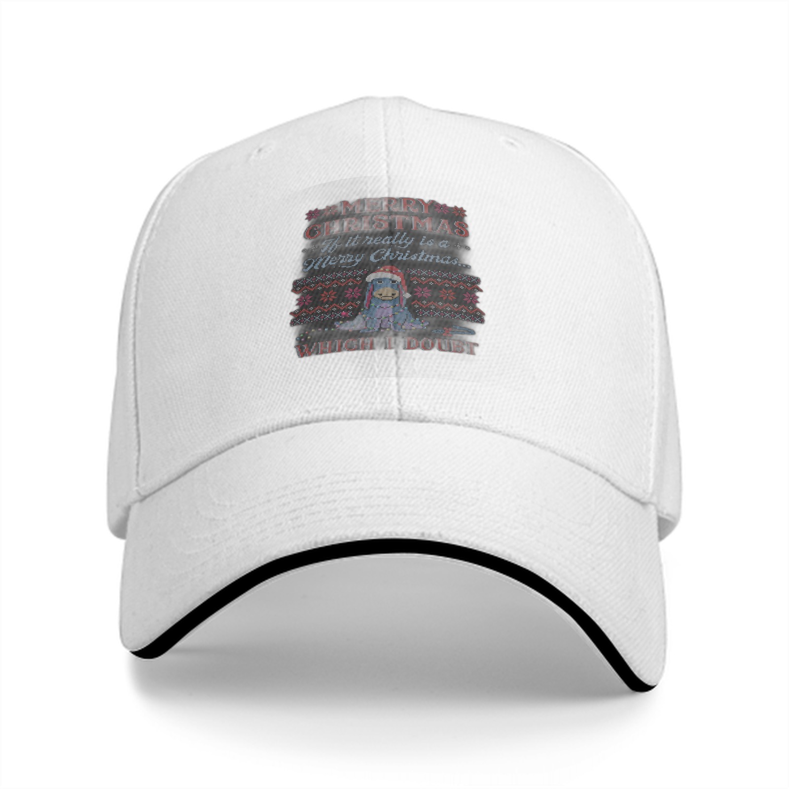 Black baseball cap with skeptical Eeyore Christmas print