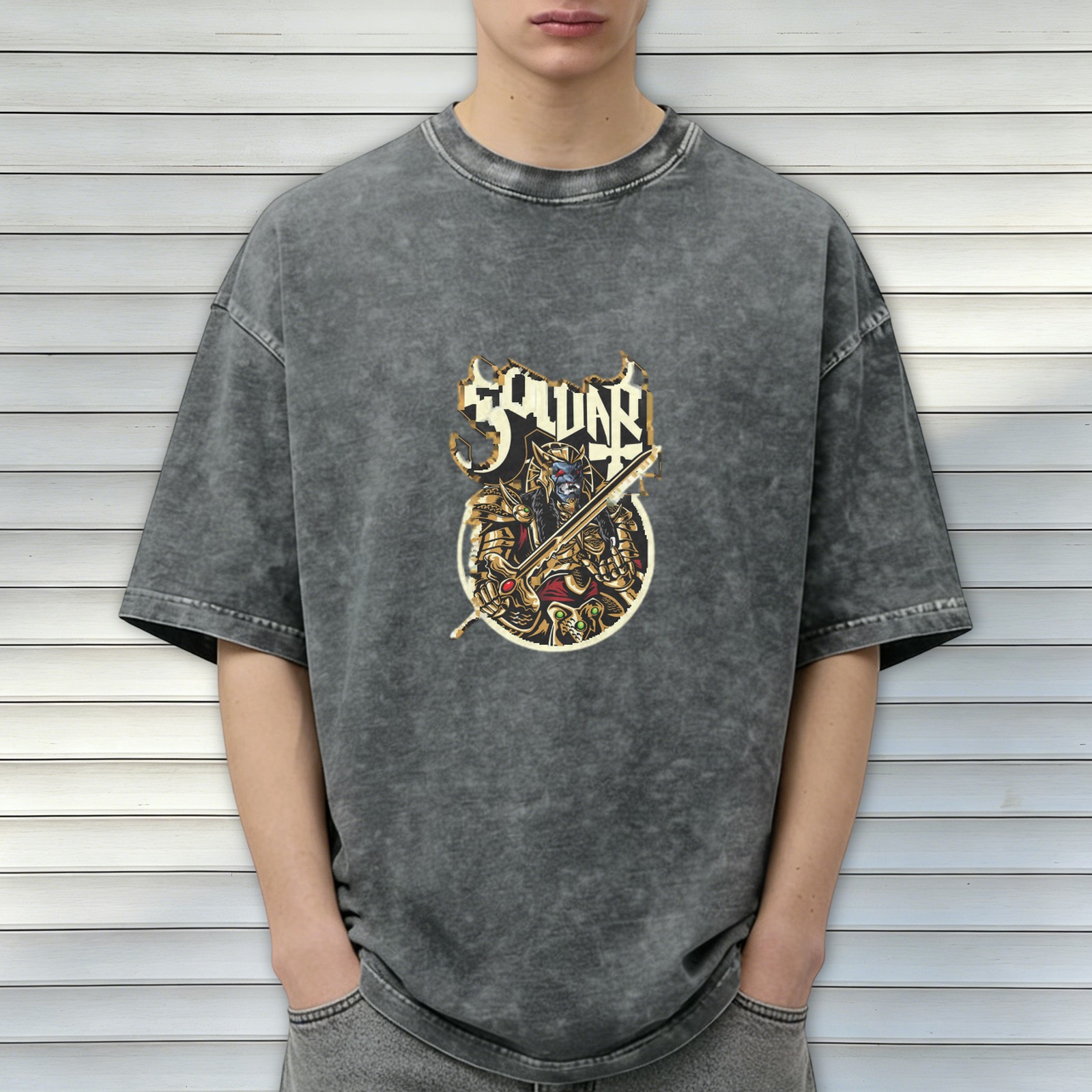 Oversized Acid Wash T-Shirt With Fantasy Warrior Graphic Print