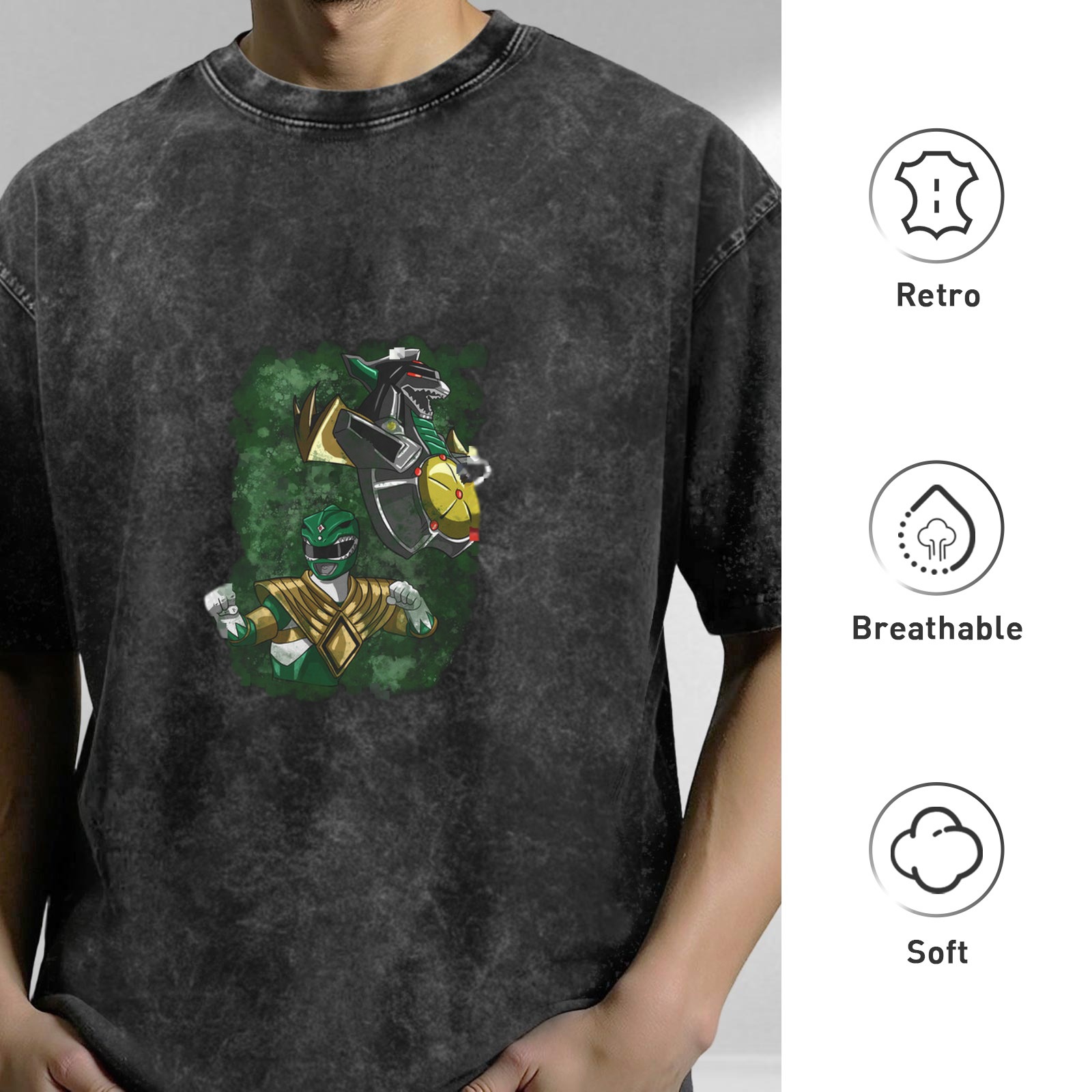 Oversized Stonewashed T-Shirt with Green Ranger Dragonzord Graphic