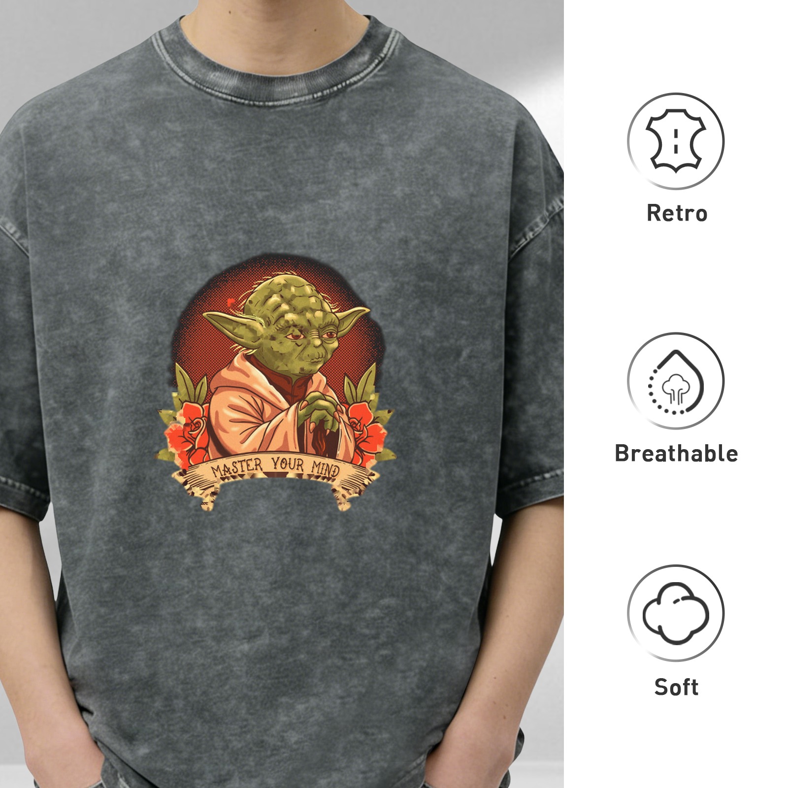 Washed cotton t-shirt with Yoda 'Master Your Mind' graphic print