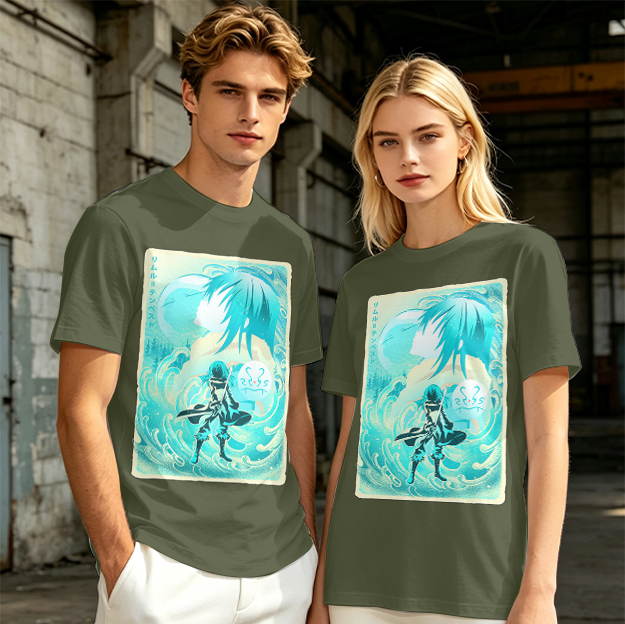 Anime character water design graphic dark green t-shirt