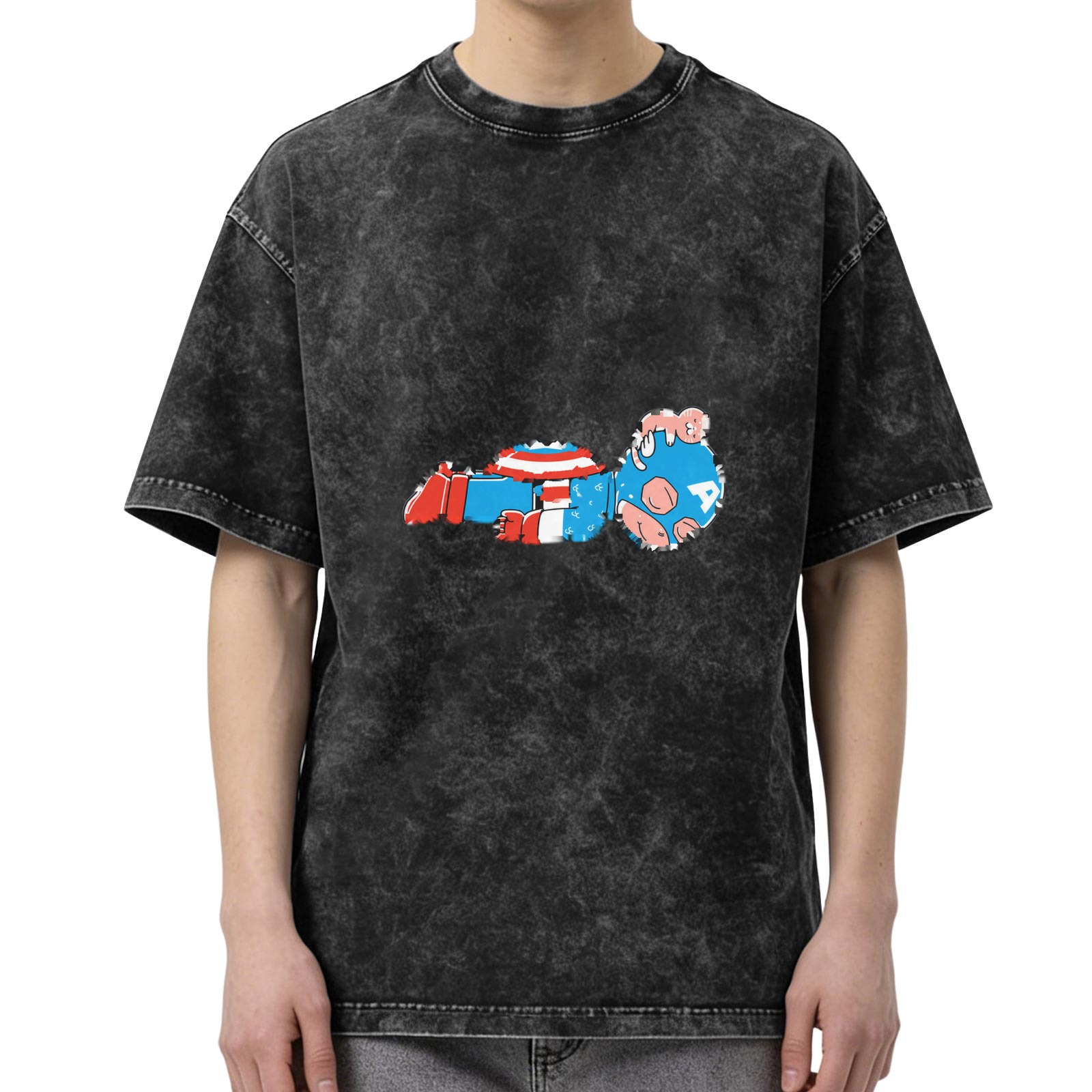 Oversized Acid Wash T-Shirt With Distressed Captain America Art