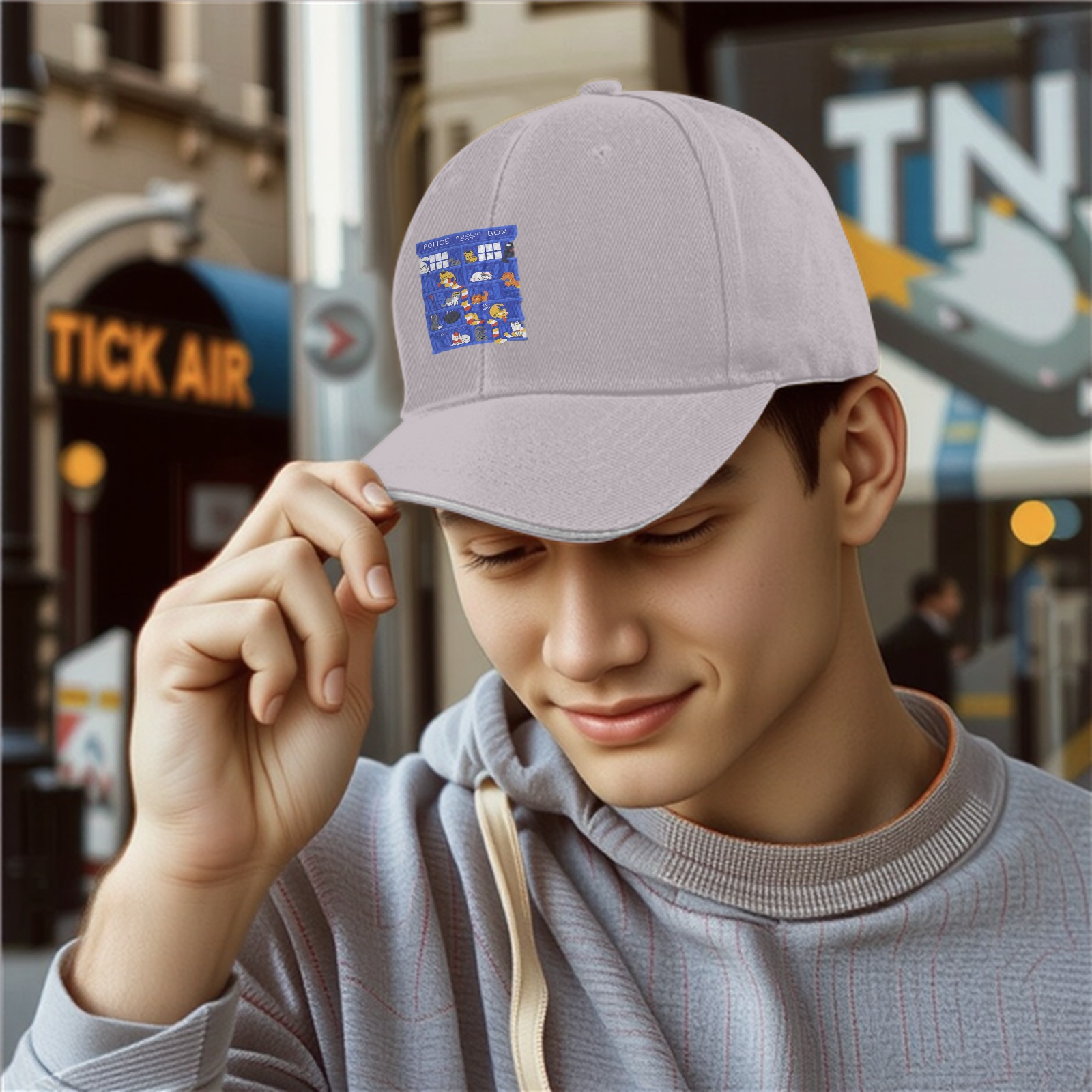 Black Baseball Cap with TARDIS Police Box Cat Print