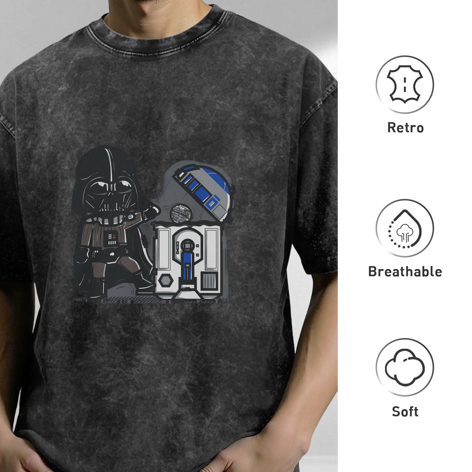 Star Wars Darth Vader & R2-D2 Graphic Acid Wash Cotton T-Shirt