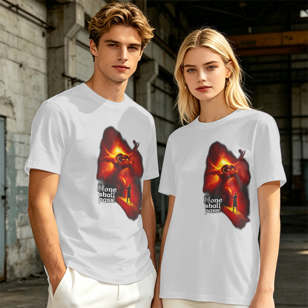 Olive T-Shirt with 'None Shall Pass' Fire Demon Graphic