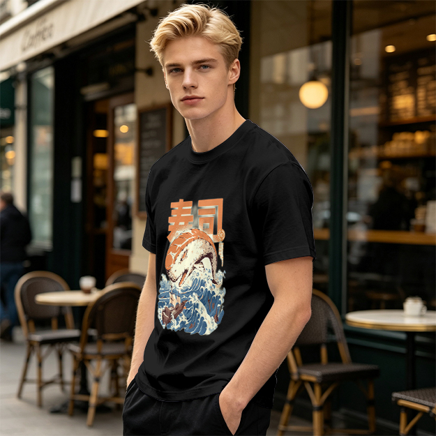 Olive t-shirt with sushi monster and great wave graphic