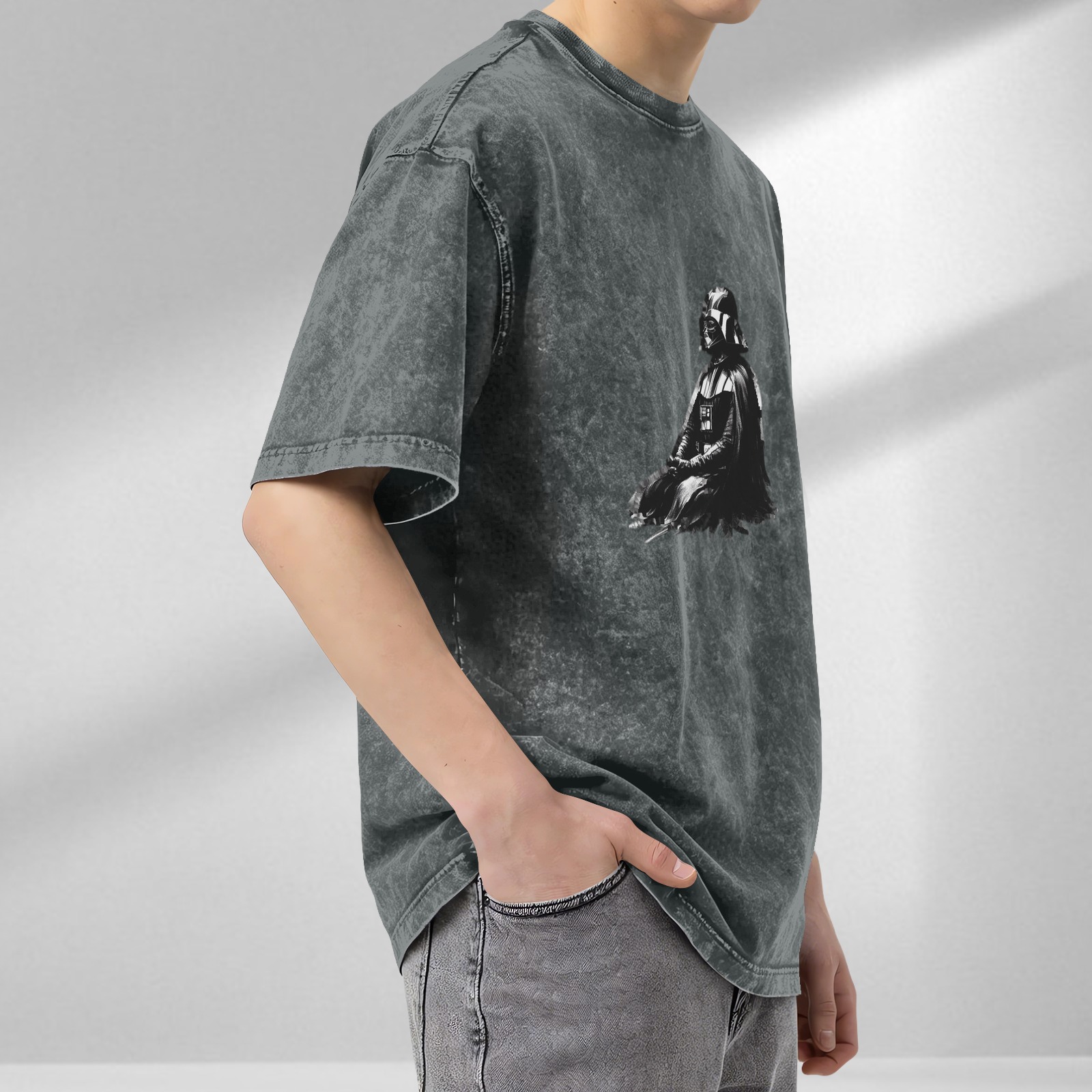 Washed Black T-Shirt With Seated Dark Warrior Graphic Print