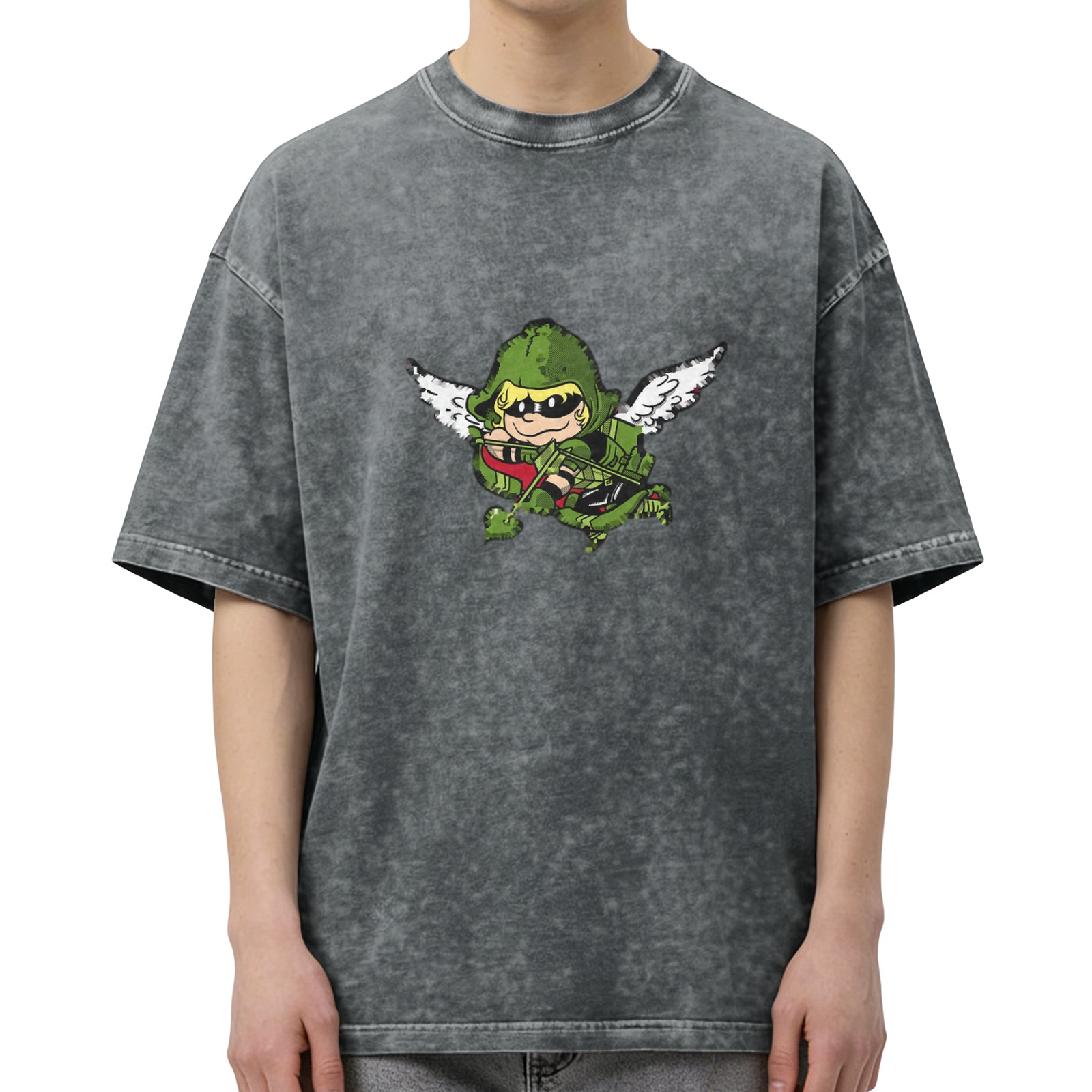 Washed Black T-Shirt With Chibi Green Arrow Angel Print