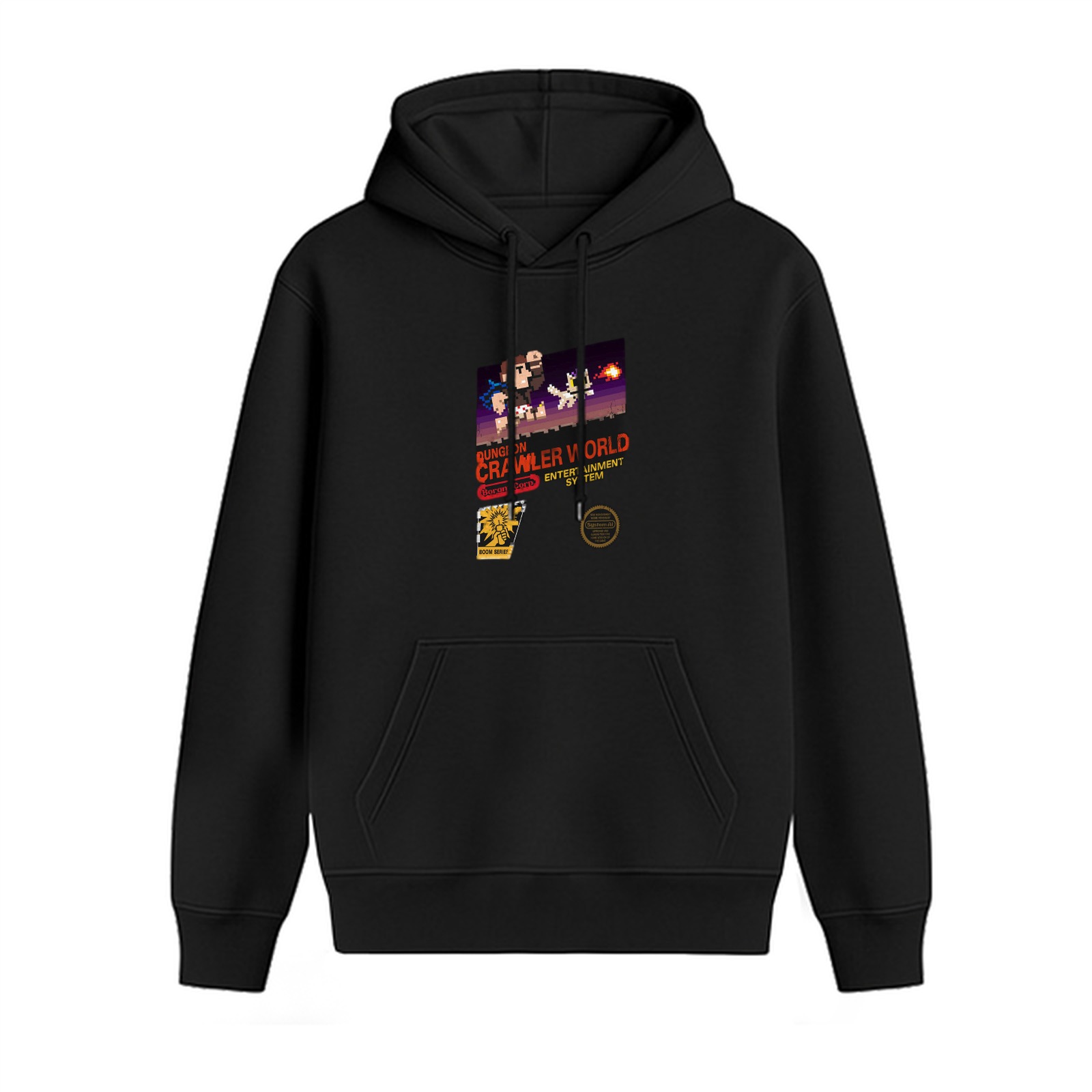 Black hoodie with retro pixel game art print