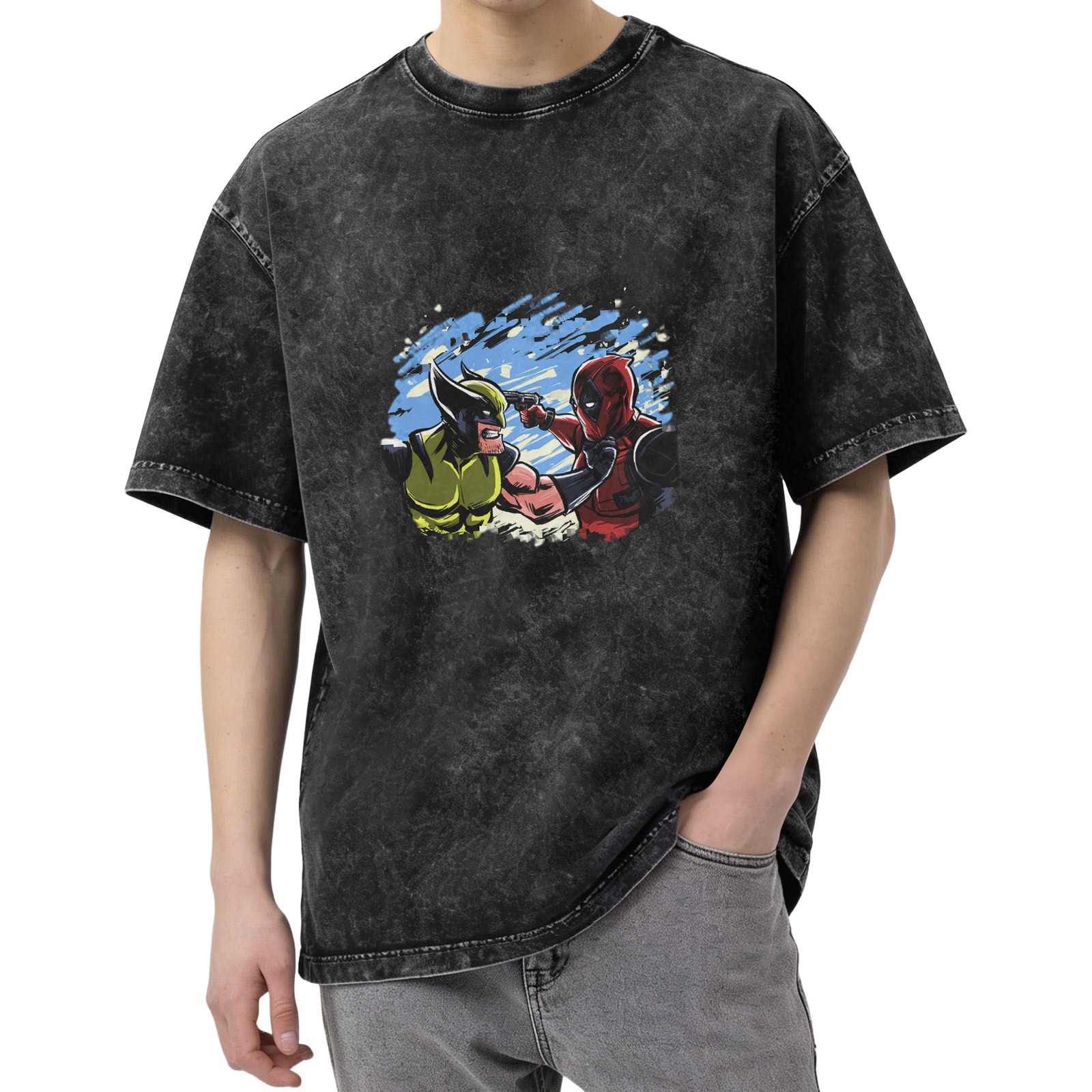 Wolverine and Deadpool Graphic Print Dark Wash T-Shirt