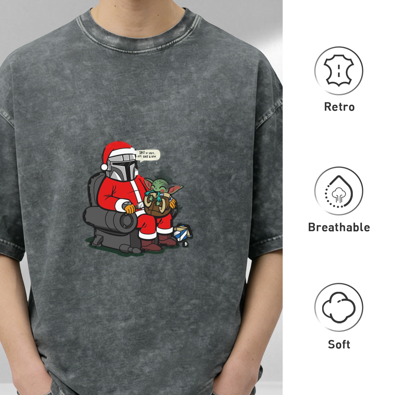 Star Wars The Mandalorian Grogu Christmas Graphic Oversized Stone Wash T-Shirt