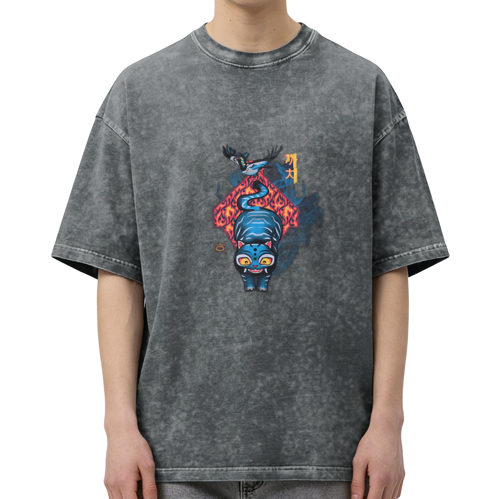 Washed black graphic t-shirt with blue mythical cat and flame design