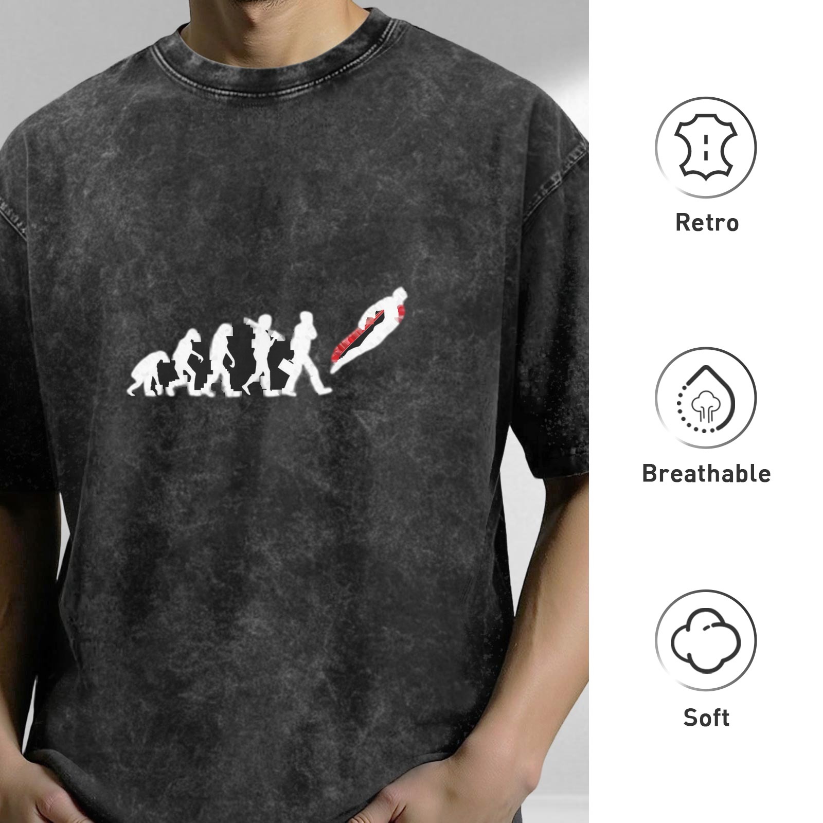 Men's Retro Washed Black Evolution Print Short Sleeve T-Shirt