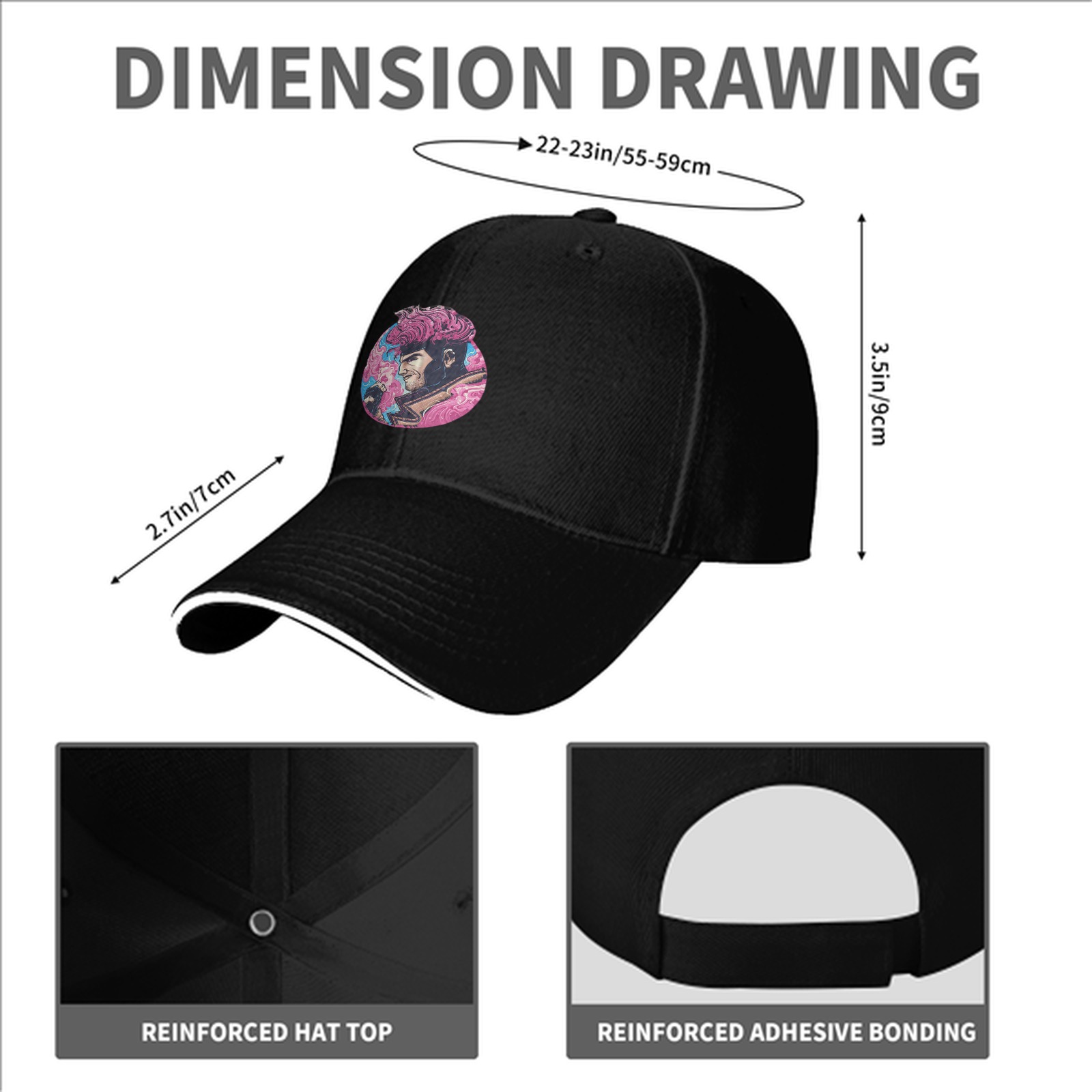 Black Baseball Cap With Pink Superhero Character Art Print