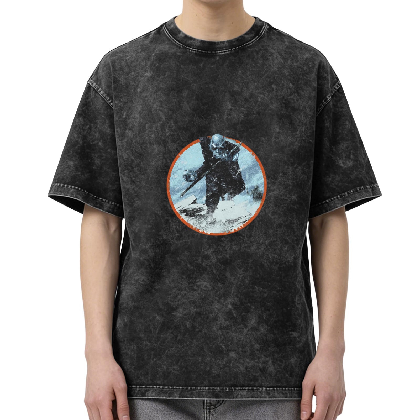 Oversized Acid Wash T-Shirt With Frost Giant Warrior Graphic