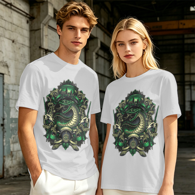 Olive Green T-Shirt With Serpent Crest Graphic Design
