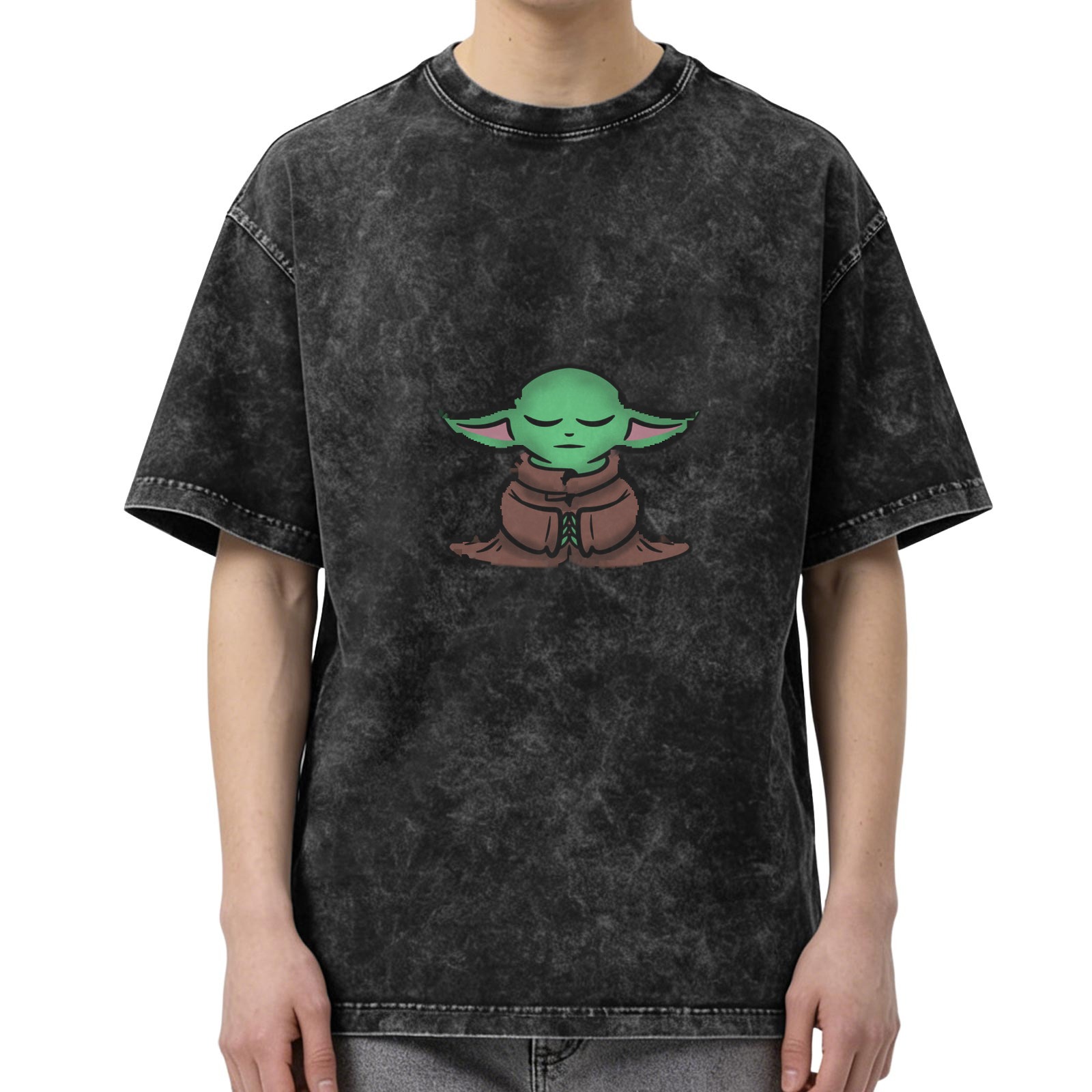 Washed black t-shirt with meditating Baby Yoda graphic