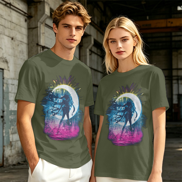 Olive T-Shirt with Crescent Moon Anime Character Silhouette Art