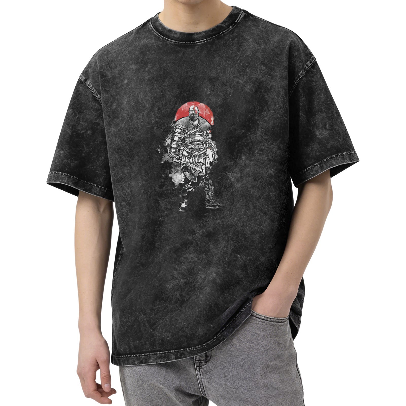 Washed Black Graphic T-Shirt With Spartan Warrior Print