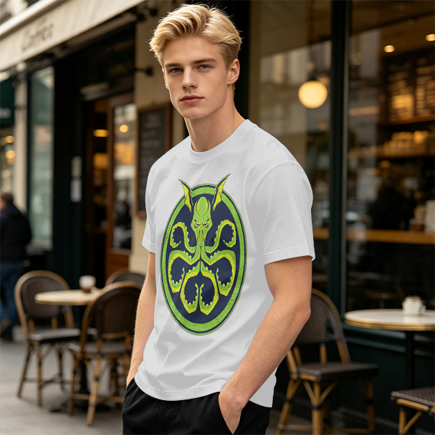 Olive Green T-Shirt with Octopus Demon Graphic Print