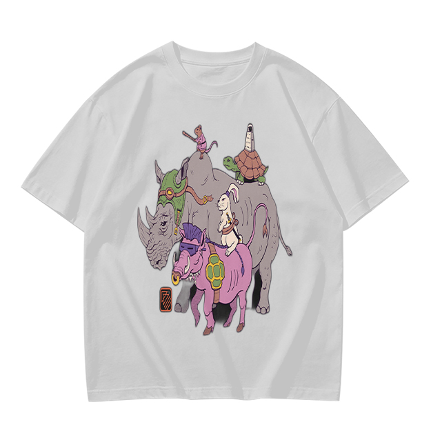 Olive T-Shirt With Whimsical Fantasy Animal Group Print