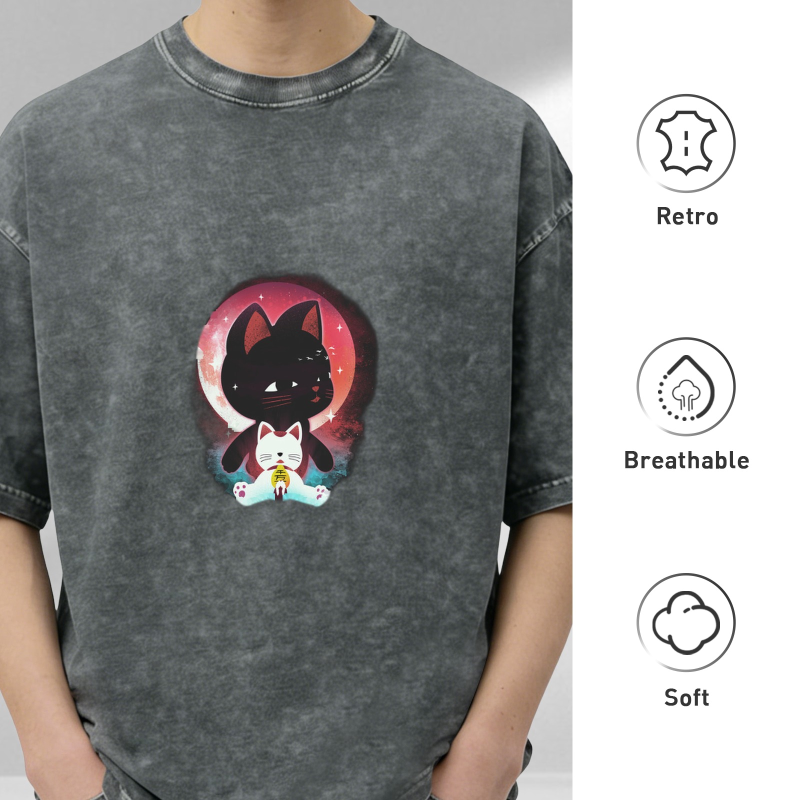 Distressed washed black loose short-sleeved T-shirt with cartoon black cat and lucky cat print design