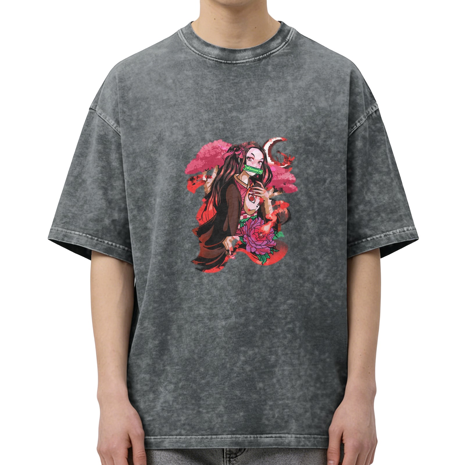 Anime Demon Slayer Nezuko Kamado Graphic Oversized Vintage Wash T-Shirt for Men